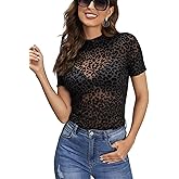 GEZOUR Mesh Top Women Short Sleeve Mock Neck Sexy Sheer See Through Fitted T Shirts Blouse Rave Outfits