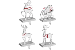 HOLLO STAR Christmas Stocking Holders for Mantle Set of 4, Indeer Stocking Holders with Coloured Hot Glue, Weighted Sliver Stocking Hangers, Santa Stocking Holder, Mantle Christmas Decor