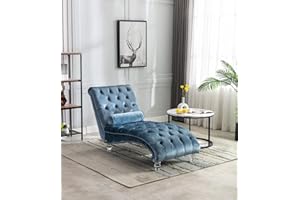 KINFFICT Velvet Chaise Lounge Chair with Toss Pillow, Modern Tufted Button Chair with Acrylic Legs, Upholstered Indoor Sleeper Chair for Living Room, Bedroom, Lake Blue