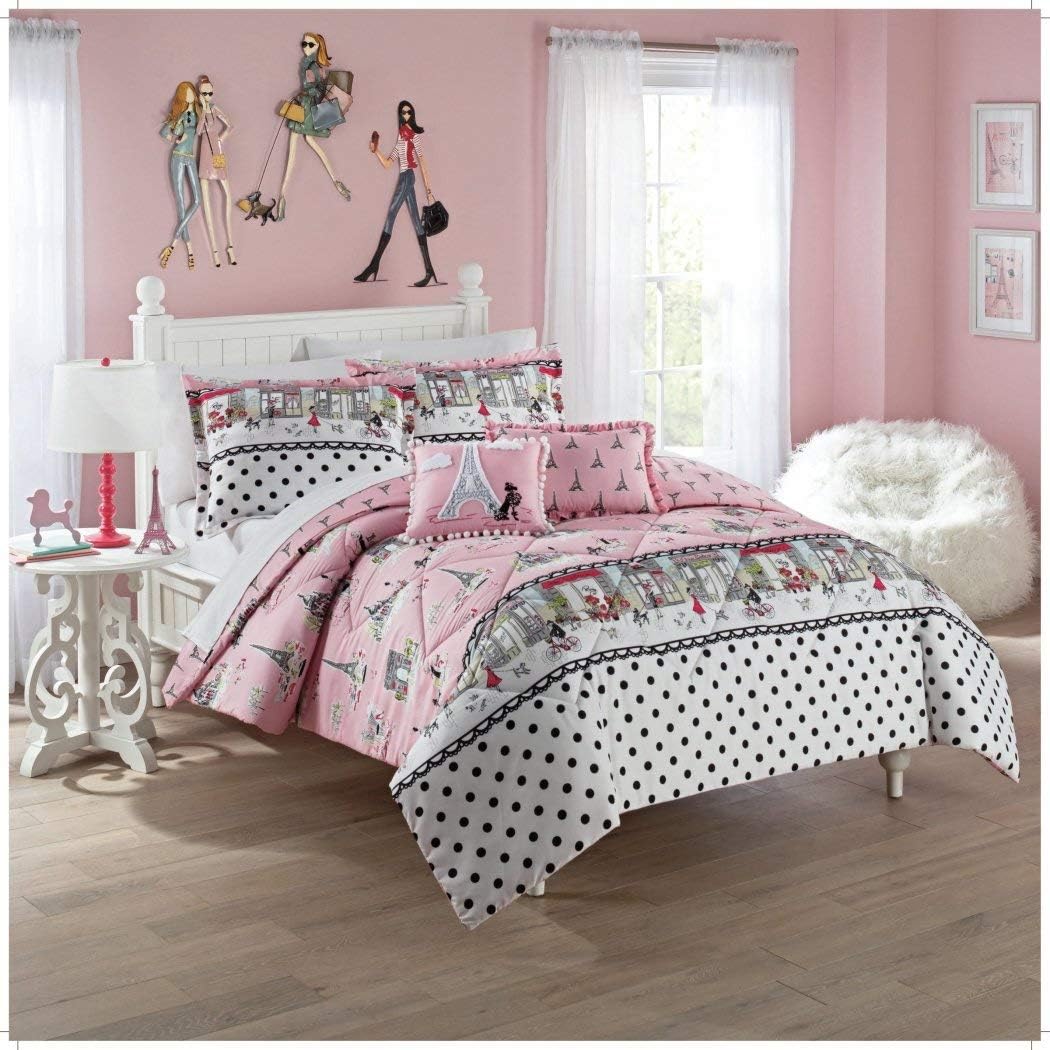 3 Piece Girls Pink Multi Paris Theme Comforter Full Queen Set, Beautiful Famous Landmarks, Street Front Scenes, Polka Dots Pattern Border, All Over Eiffel Towers Printed Reversible Bedding, Polyester