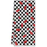 SereneHanctuary Black and White Checkered Cherry Kitchen Towels, Cherry Gifts Dish Tea Towels, Retro Trendy Checkerboard Cherries Fruit Decorative Hand Towel for Kitchen Bathroom, 16x24 Inch