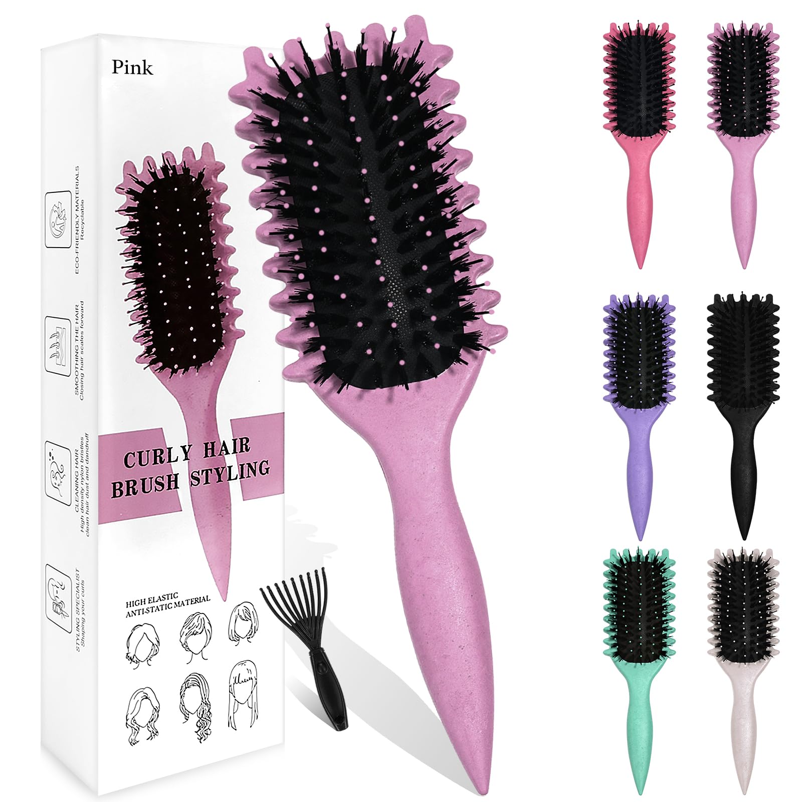 Sularpek Curly Hair Brush, Curl Defining Brush, Curly Hair Brush Styling Brush, Boar Bristle Curl Define Styling Brush for Detangling, Shaping, and Defining Curls for Women and Men (Pink)