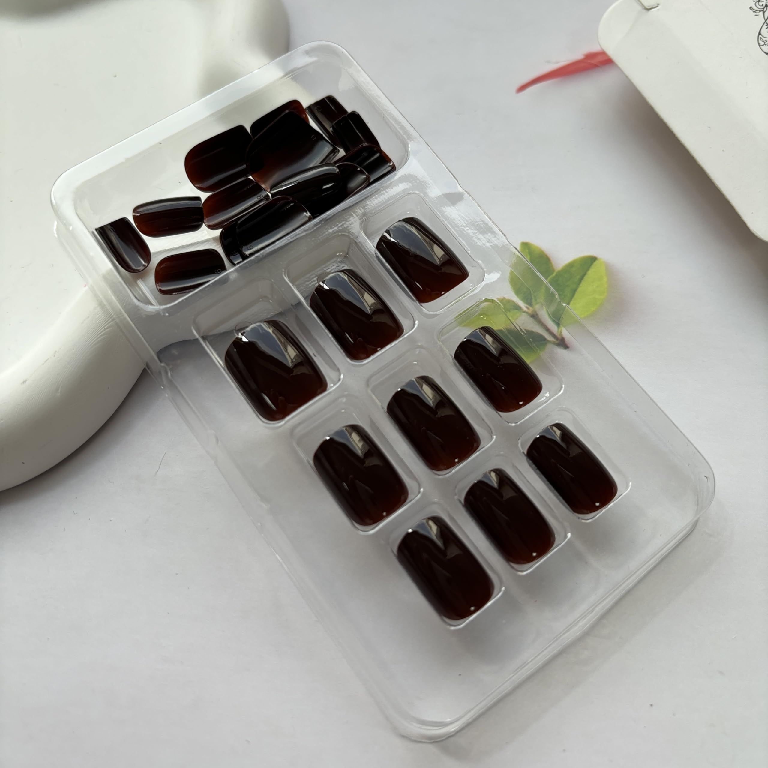 Short Press on Nails Square Shaped Fake Nails Brown False Nails Pure Dark Brown Glue on Nails Full Cover Acrylic Nails Cute Stick on Nails Simple Reusable Artificial Nails for Nail Manicure Decoration - Image 6