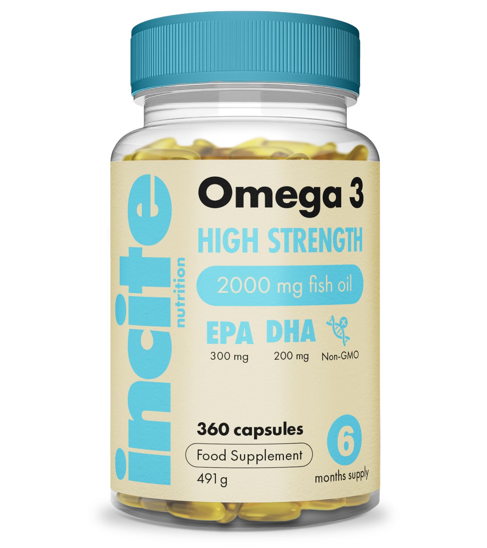 Incite Nutrition Omega 3 Fish Oil Capsules 2000 mg. 360 Softgels. 6 Month Supply of High Strength Omega 3 Fatty Acids with EPA & DHA. Non-GMO, UK Made, No Fishy Aftertaste