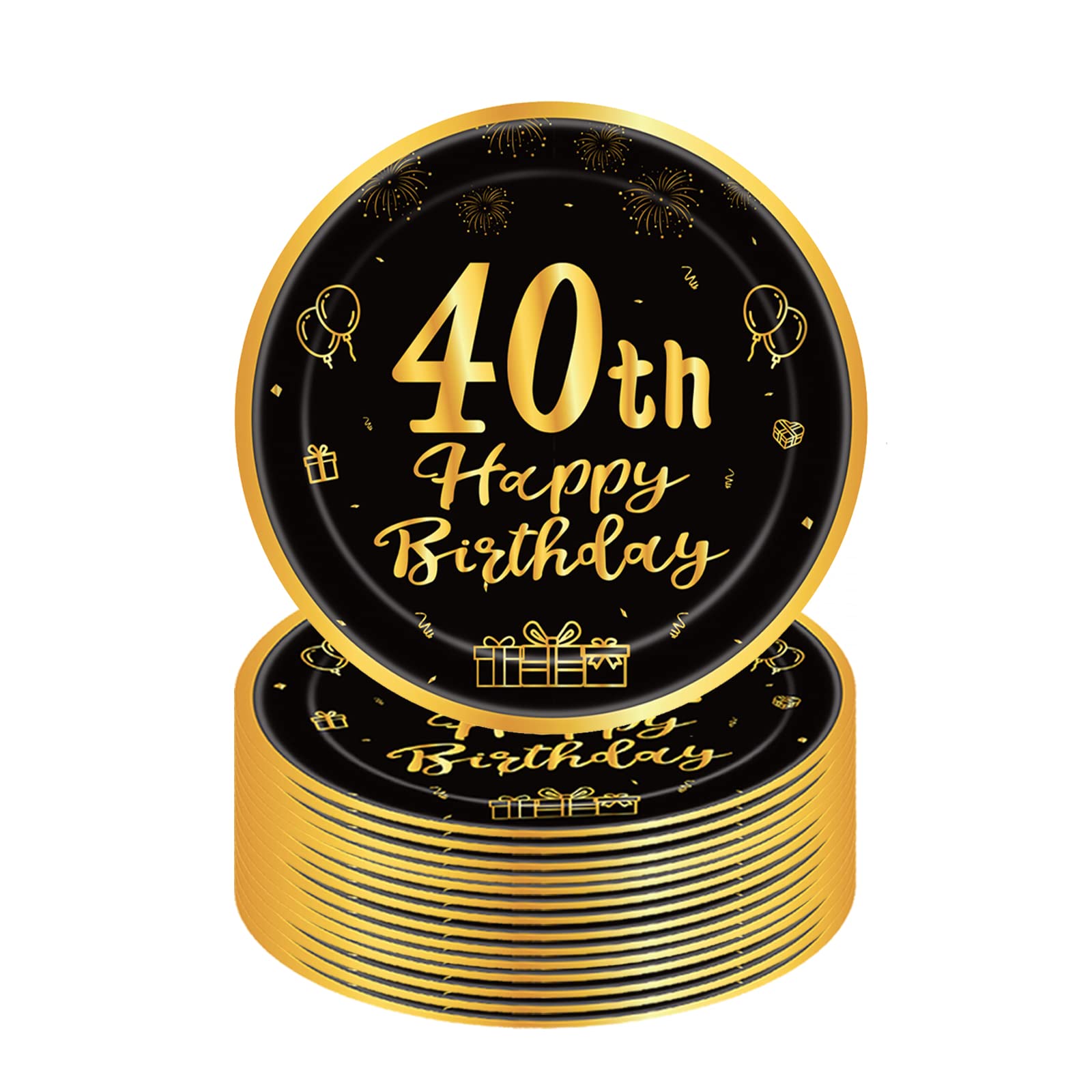Happy 40th Birthday Paper Plates, 9” Black & Gold, 16 Pcs Disposable Tableware for Him & Her 40th Birthday Party Supplies