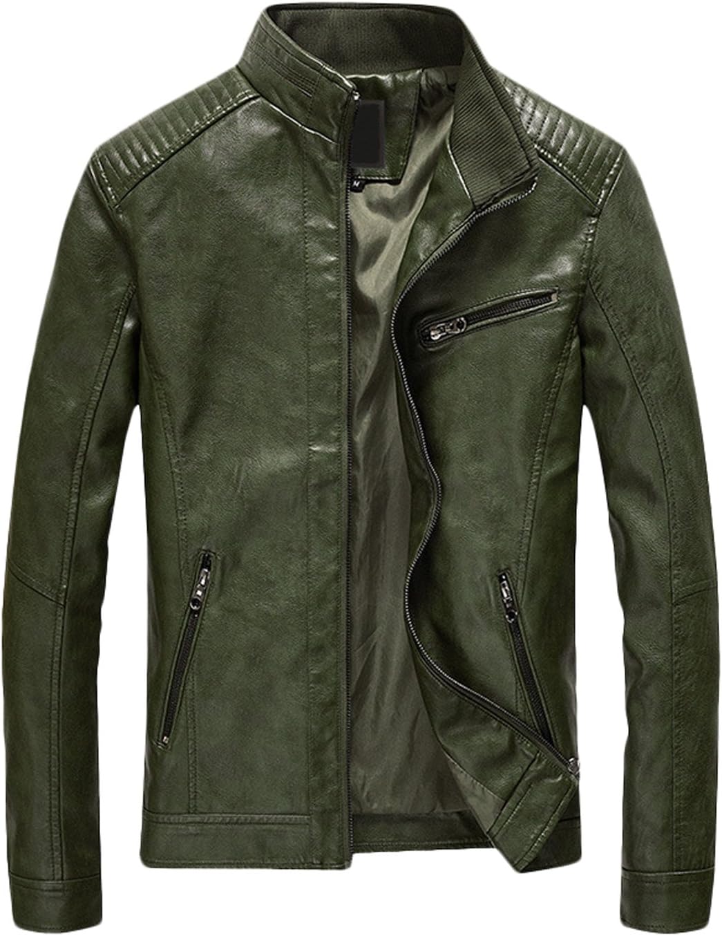 Men's Casual Zip Up Slim Bomber Faux Leather Jacket  Men's Genuine Lambskin Leather Jacket (Black, Biker Jacket) - 1501200  Men's Leather Jacket-Fall Winter Vintage Motorcycle Biker Jacket with Removable Hood