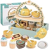Masonbaby Wooden Tea Party Set for Little Girls,Kids Tea Set with Cookies & Cake Stand, Play Kitchen Accessories Wooden Pretend Play Food Toys for Girl Boy Birthday Gift