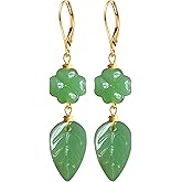 Natural Four-Leaf Clover Stone Drop Earrings,Yellow Gold Plated Real Genuine Crystal Quartz Gemstone Jade Dangle Earrings for Women Her