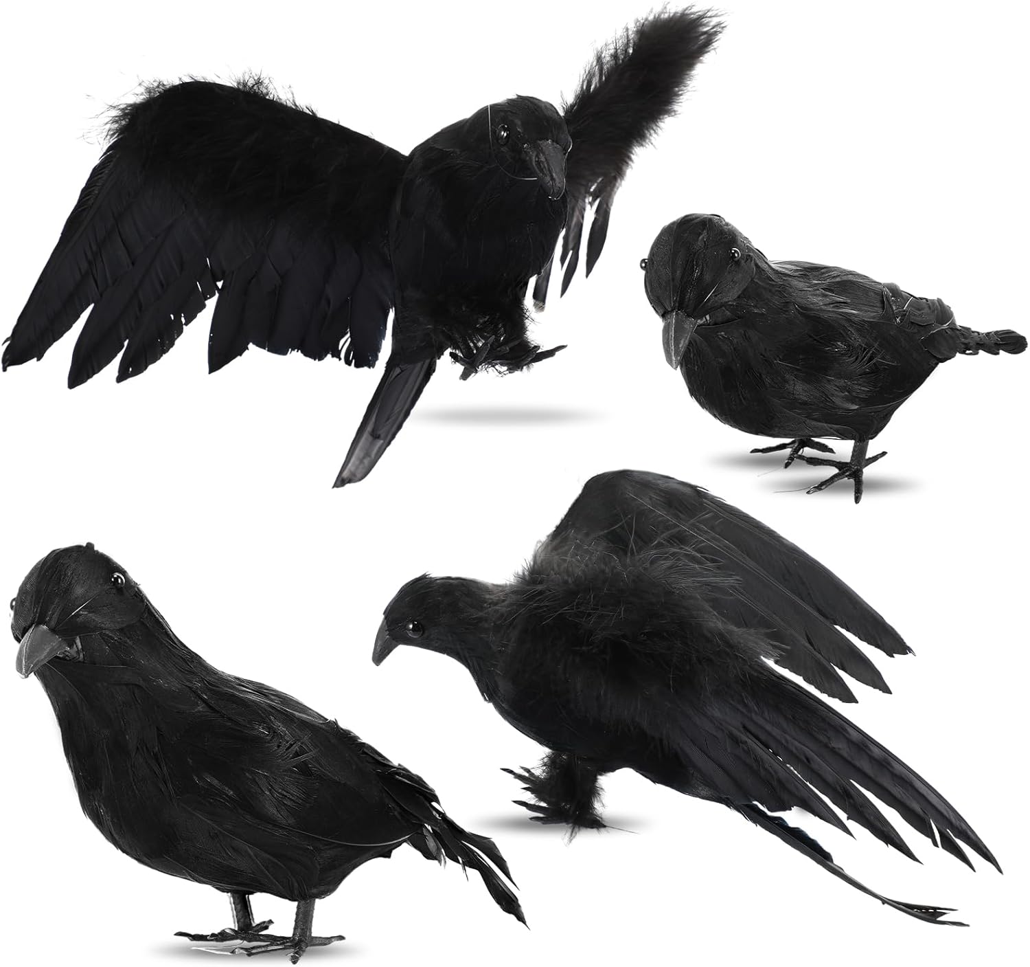 Holiday Décor Storage - Lenwen 4 Pack Extra Large Halloween Black Feathered Crow 12 Inch Realistic Crows Flying Raven Decoration Black Feather Birds Prop for Indoor Outdoor Tree Haunted House Spooky Graveyard Party Decor