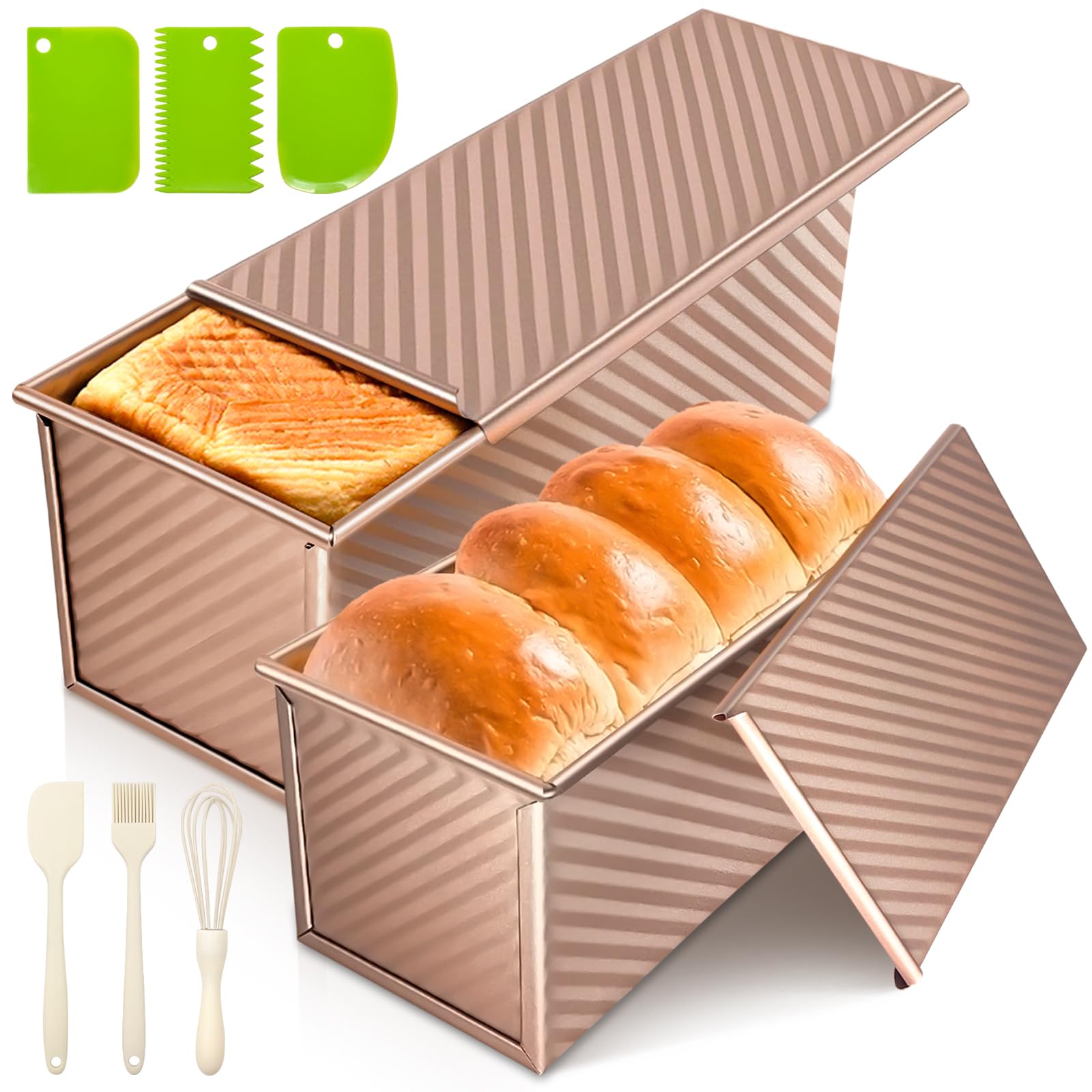 Photo 1 of Dipanist 2Pack Large Bread Pan with Lids – 2.2LB Dough Capacity, Non-Stick Carbon Steel Bread Pans for Homemade Sandwich and Sourdough Bread, Corrugated Toast Mold(Gold)