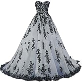 Kivary Vintage Gothic Black Lace Ball Gown Long Prom Dresses Wedding Gowns