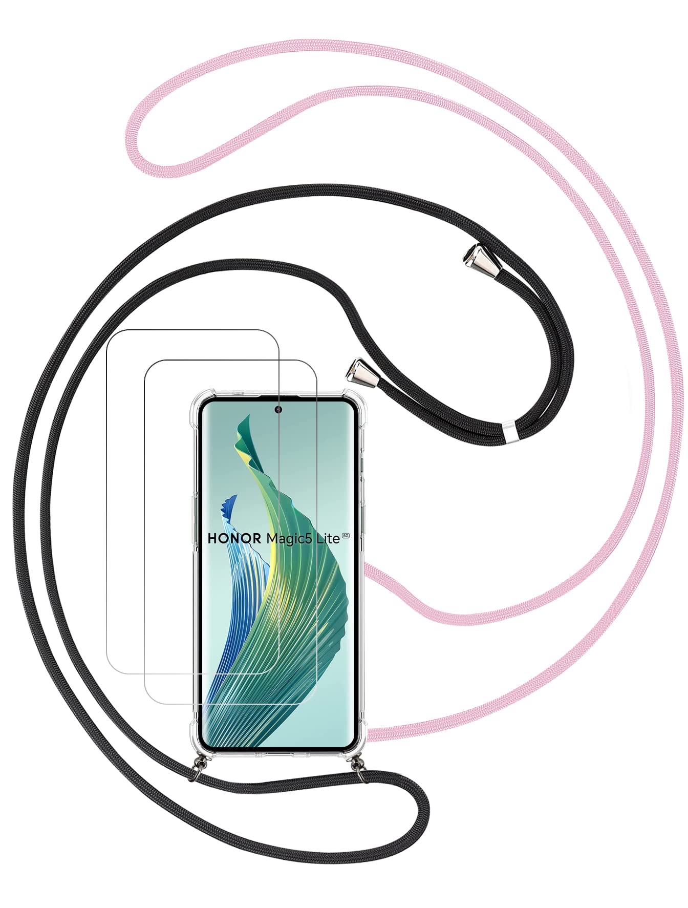 Crossbody Case for Honor Magic 5 Lite / X9a (6.67") + 2 pieces Screen Protector, Transparent Soft Silicone TPU Necklace Cover, Camera Protective Case with 2 Pieces Bands, Black+Pink