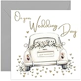Premium Wedding Card for Bride and Groom - Newly Wed Congratulations Gifts for Mr and Mrs - 'Just Married' White and Gold Wedding Card with Hearts Artwork - Modern and Contemporary - Blank Inside