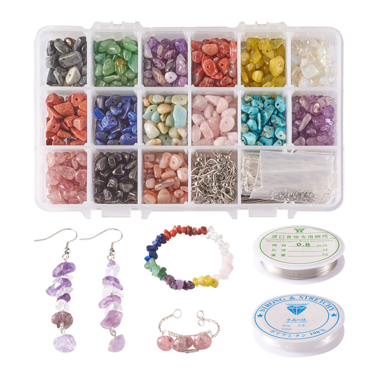 PandaHall 1102pcs Natural Gemstone Chip Beads Set Include Earring Hooks & Eye Pins & Head Pins & Jump Ring & Copper Wire & Elastic Crystal Thread for DIY Earring Making