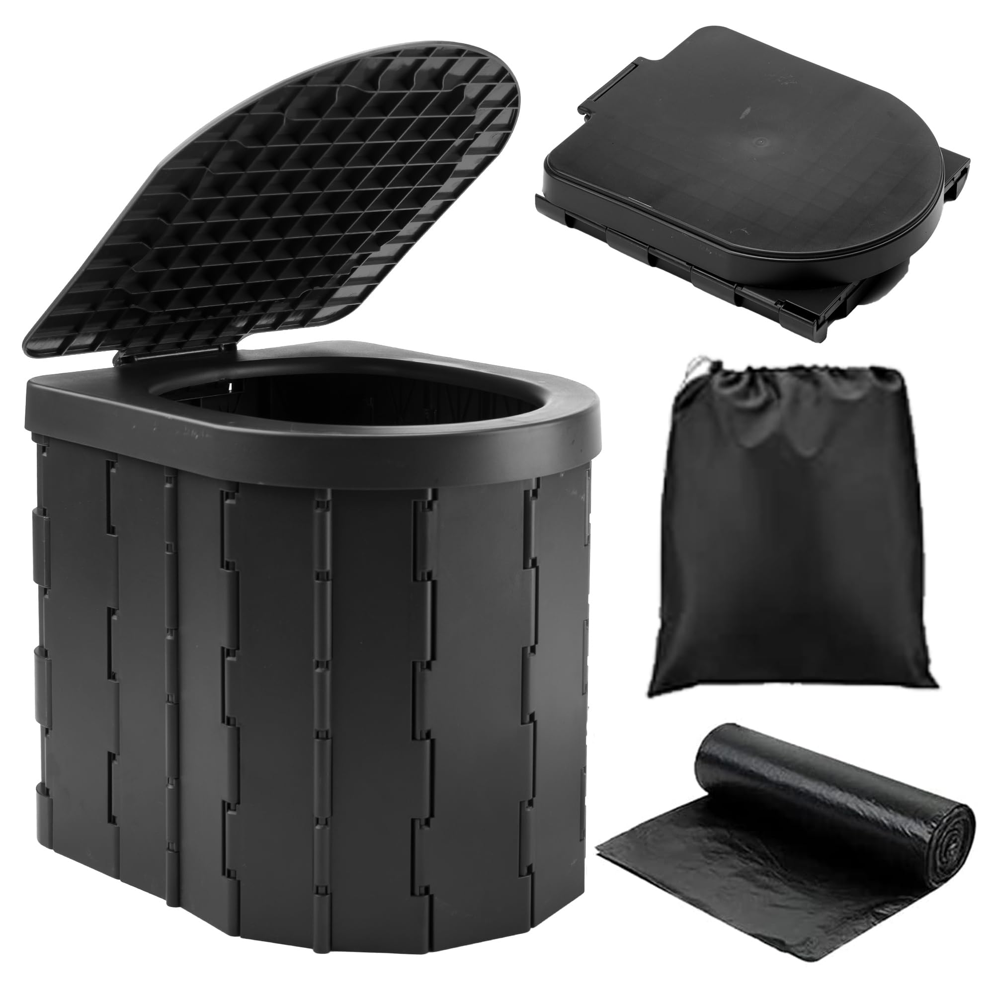 Photo 1 of KINSPORY Camping Toilet, Portable Toilet for Adults & Kids, Foldable Potty & Outdoor Emergency Sanitation Products, Trash Can, Stool for Car Truck Camping Travel Hiking Fishing Long Trips (Deep Black)