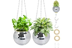 Tialero 2Pcs Disco Ball Planter, 6"/8" Disco Planter with Hanging Chain & Hook & Ring Stand, Disco Ball Plant Hangers for Indoor and Outdoor Plants, Hanging Plant Holder (2Pcs 6", Silver)