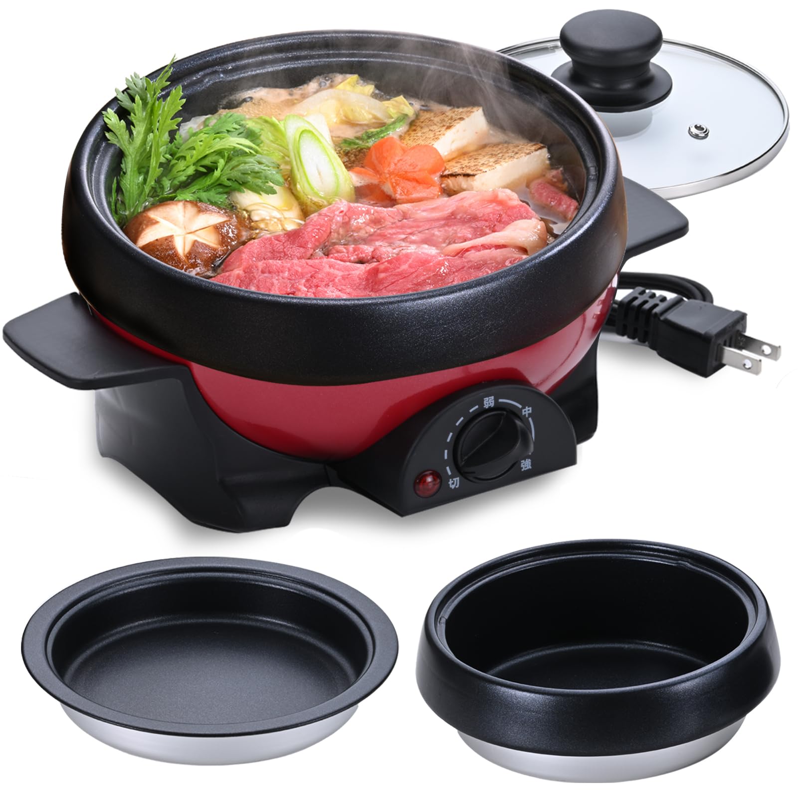 アビテラックス 電気鍋 グリル鍋 電気ミニプレート 1人用 1台2役 「煮る」「 焼く」 小型 一人暮らし 深鍋 おしゃれ 着脱式 丸洗い フッ素加工 レッド abitelax商品画像