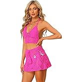 Allegra K Women's 2 Pieces Bikini Set Hollow Out Cami Top Mini Skirt Summer Beach Crochet Knit Sets