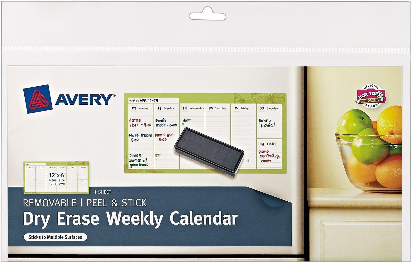 Avery Dry Erase Weekly Calendar, Removable, Peel and Stick, 6 x 12 Inches, 1 Sheet (24383)