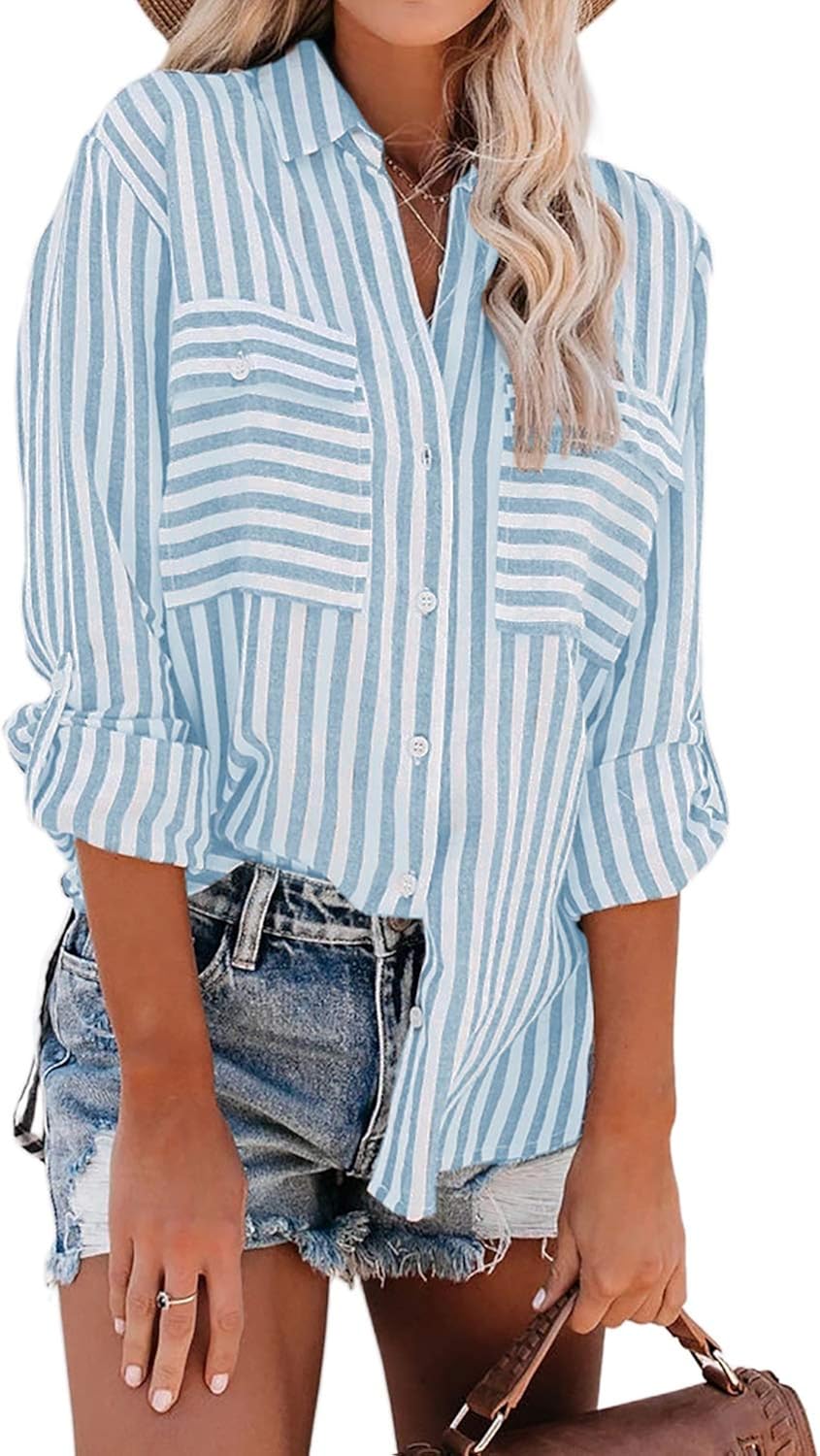 Happy Sailed Womens Casual Striped Button Down V Neck Shirt Stand Collar Long Sleeve Blouse Shirt S-2XL at  Women’s Clothing store