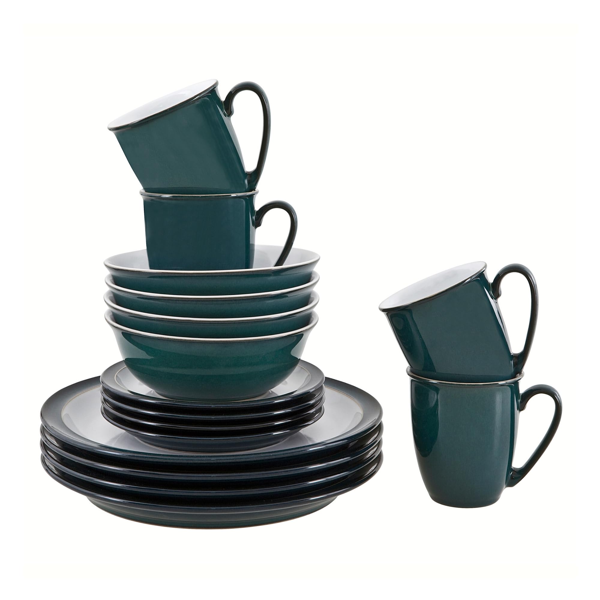 Denby - Greenwich Dinner Set For 4 - 16 Piece Tableware Green, White - Dishwasher Microwave Safe Crockery - 4x Dinner Plate, 4x Small Plate, 4x Cereal Bowl, 4x Coffee Mugs - Chip, Crack Resistant