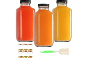 Homerove 16 oz 3 Pack Glass Juice Bottles with Lids, Glass Drink Bottles, Reusable Juice Bottles for Milk, Ginger, Kombucha, 