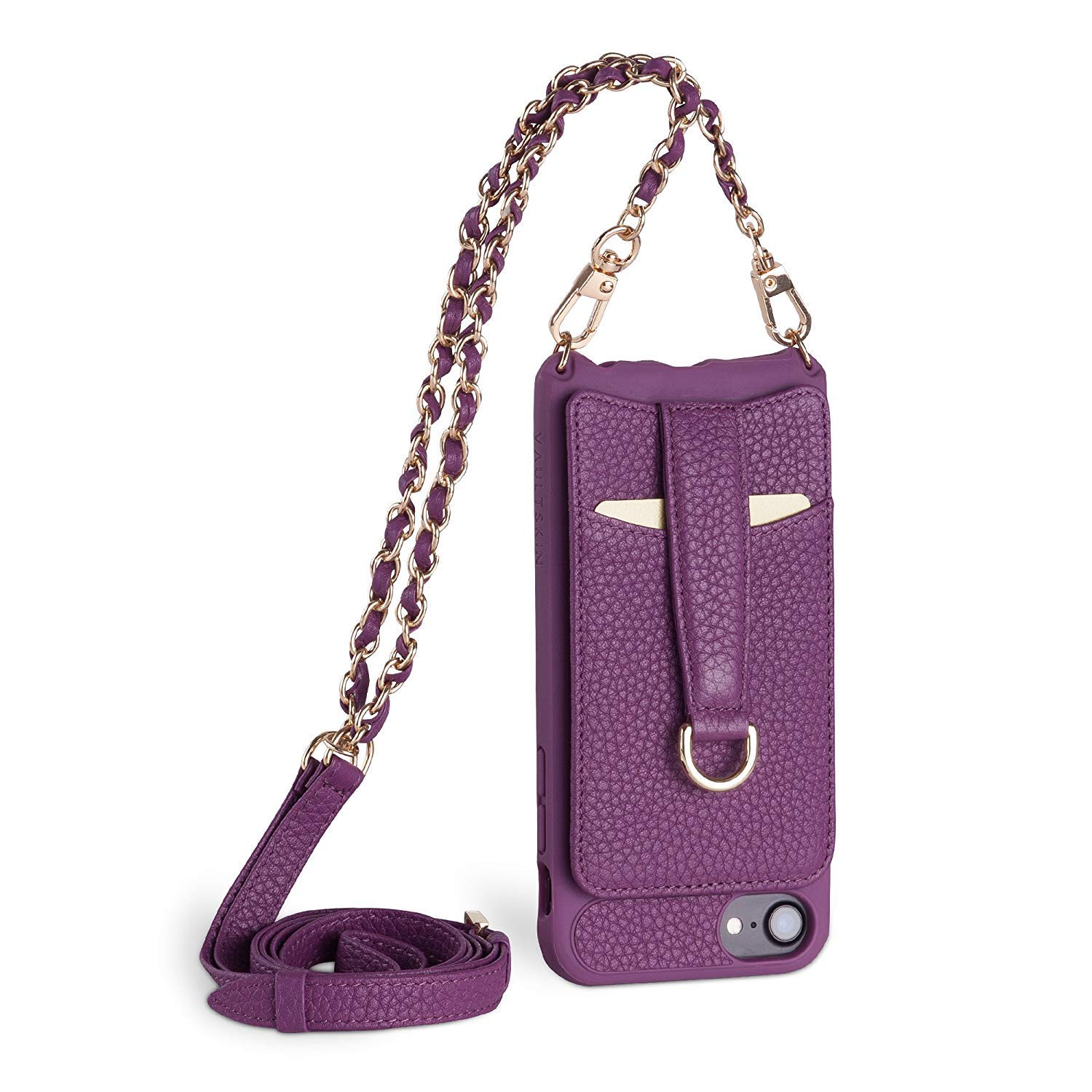 Vaultskin VICTORIA Crossbody Wallet Case, Lanyard with Card Holder (Violet - Chain Leather Strap, for iPhone X/XS)
