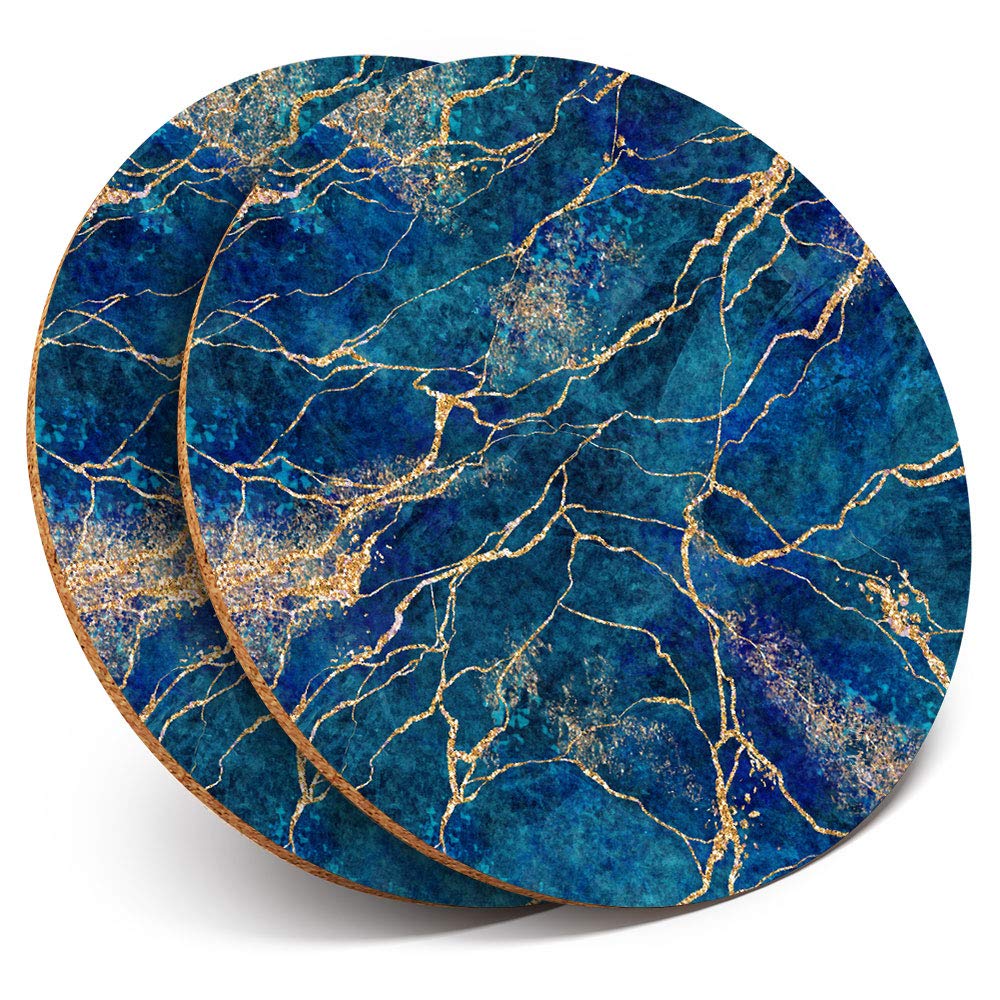 2 x Round Coasters - Navy Blue Marble Stone Effect - Cork Backed Home Kitchen Accessory Tea Coffee Mug Mat #21087