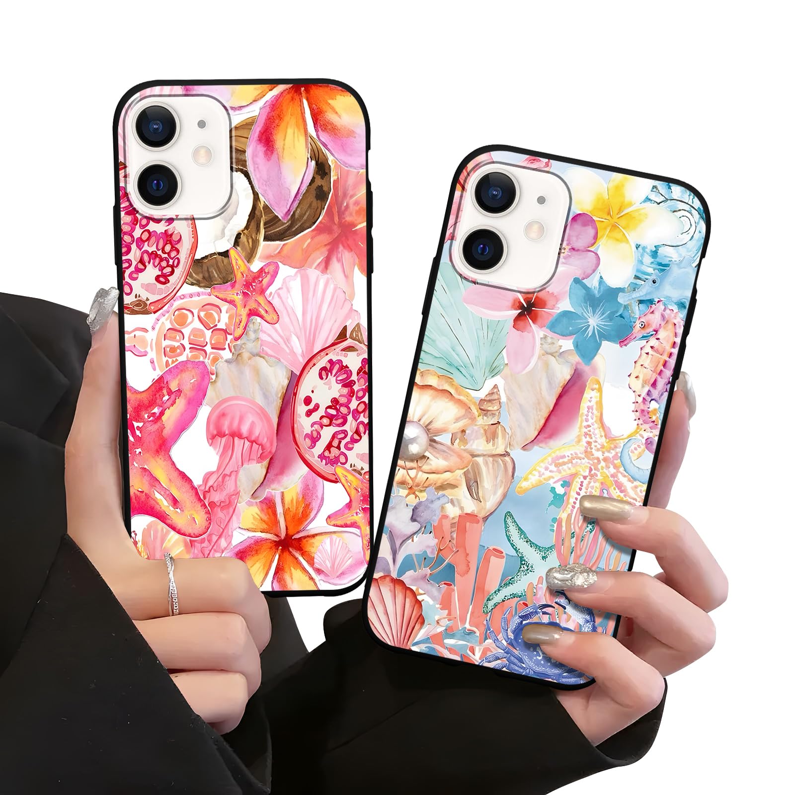 Zrutru 2 Pack Cute Summer Phone Case for iPhone 12/12 Pro 6.1",Collage Flower Aesthetic Floral Cases Beach Preppy Coastal Cover for Women Girls,Black Slim Protection Funda for iPhone 12