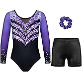 JOYSTREAM Gymnastics Leotards for Girls With Shorts Sparkly Ballet Dance Long Printed Sleeve Outfit