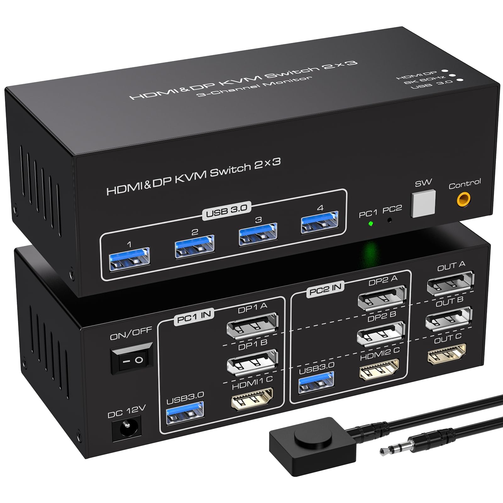VPFET 2 Displayport HDMI KVM Switch 2 PC 3 Monitore 4K144Hz 8K60Hz Triple Monitor KVM Switches für 2 Computers Share 3 Monitore mit 4 USB 3.0 Ports Inklusive 2 USB 3.0 Kabeln und Externer Steuerung