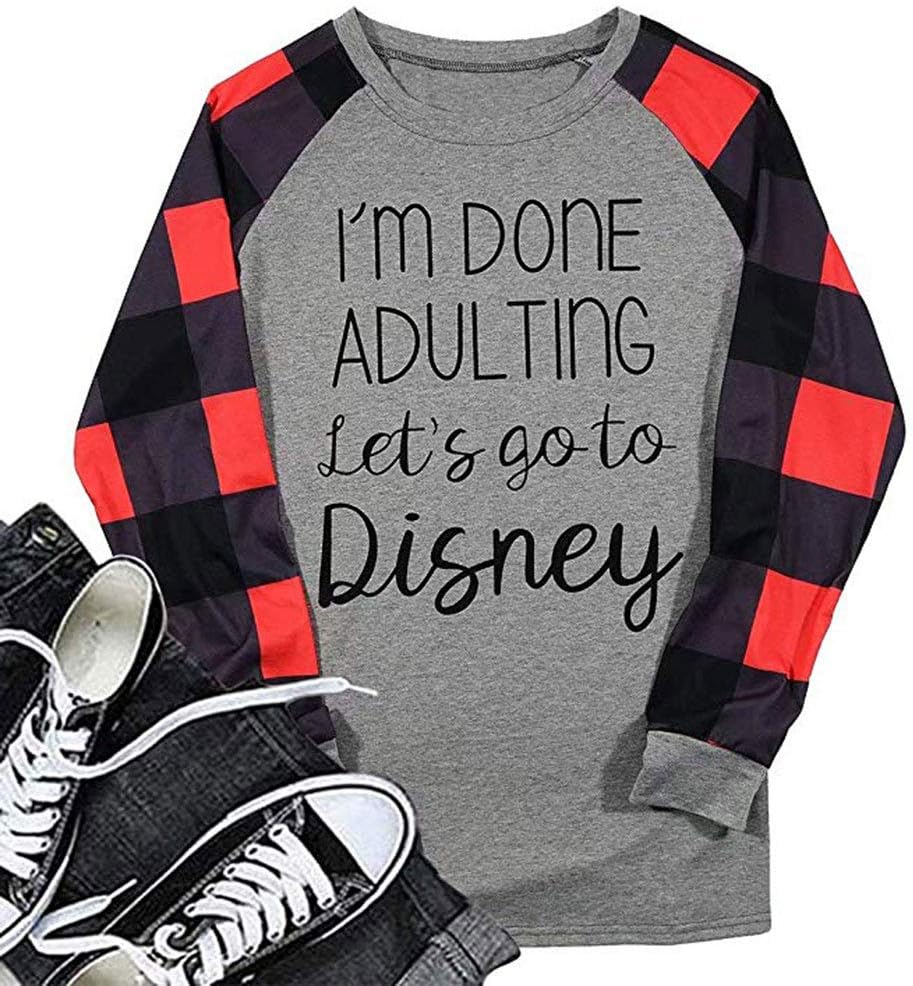 ALLTB Funny Letters Shirts Womens Plaid Long Sleeve Raglan Baseball Tees Tops Lady I am Done Adulting Printed T Shirt Grey