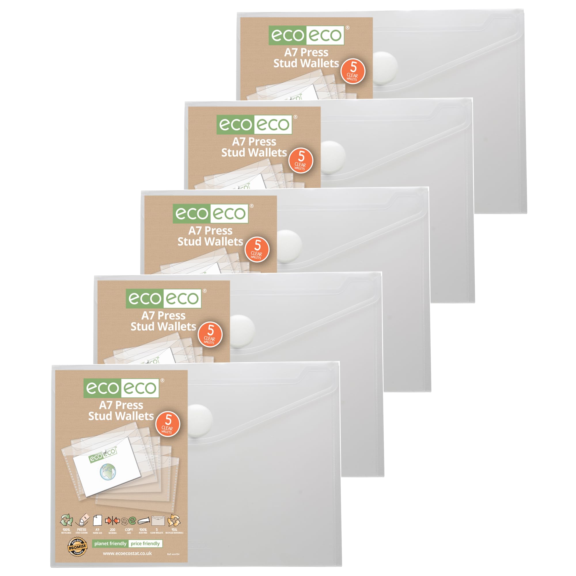 eco-eco A7 95% Recycled Clear Press Stud Popper Wallet, Plastic Folders (Pack of 25), eco154x25