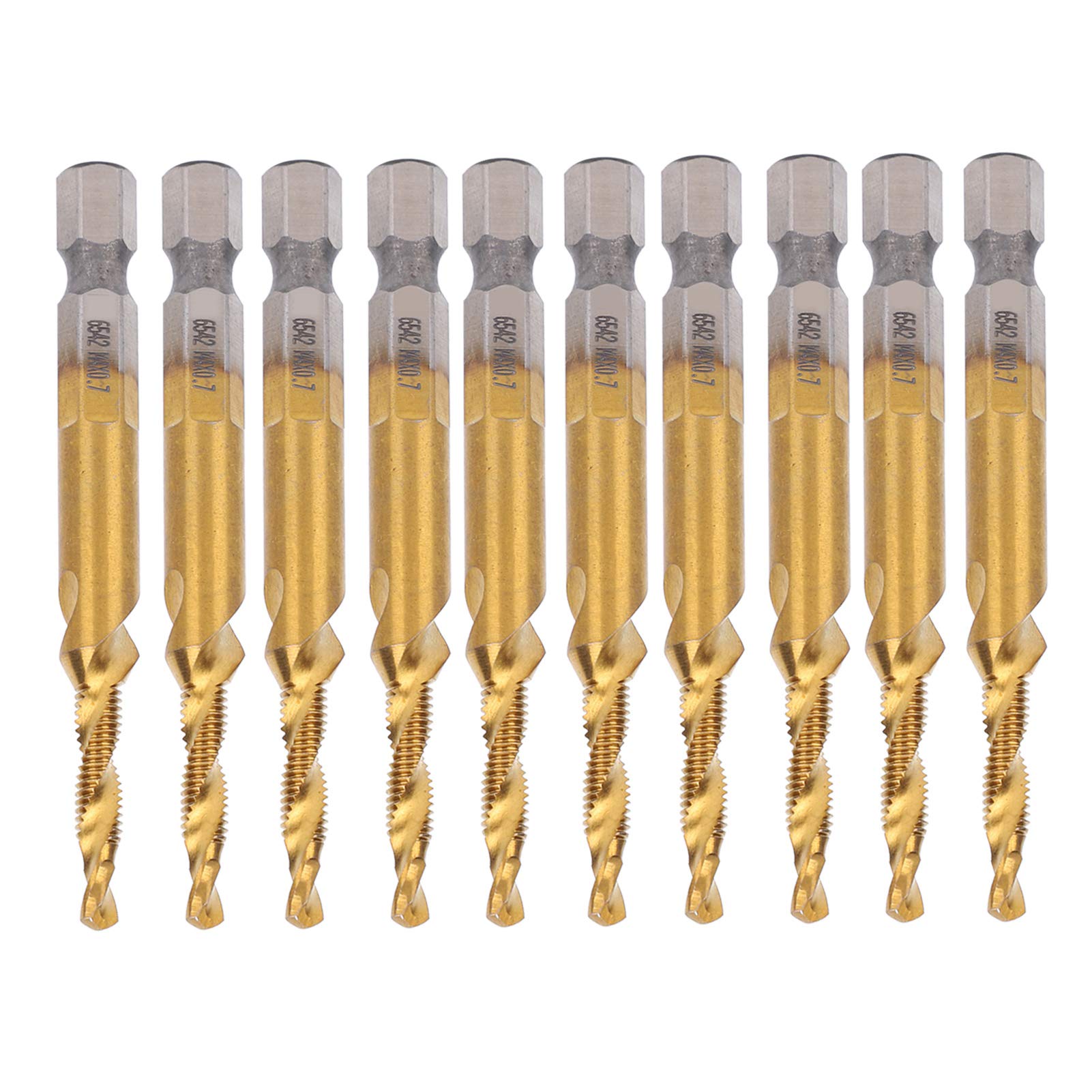 10Pcs Spiral Tap Drill Bit Set, M4x3.3 Titanium Coated HSS Screw Tapping Drill Bits Kit, 3.3mm Spiral Screw Tap Set Hex Shank Tapping Hand Tools