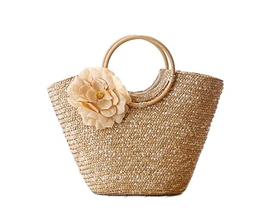 Di Grazia Womens Jute Straw Handbag with Applique Flower (Gold, Gold-Tote-Straw-Handbag)
