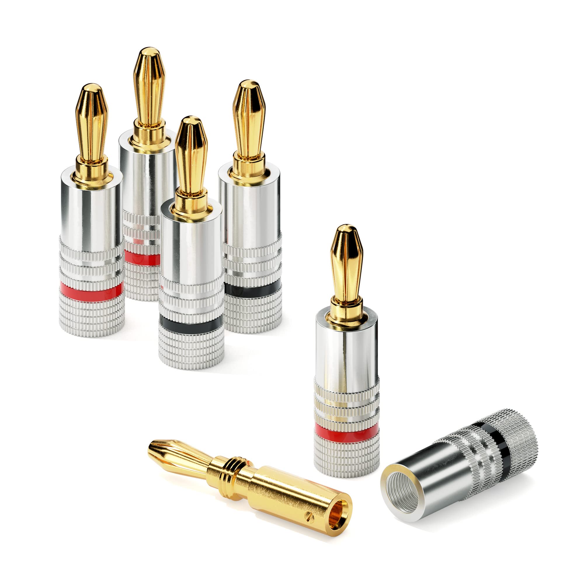 conecto Professional Banana Plugs for All Speaker Cables with a Diameter of max. 6 mm², 4 Pieces with All-Round Colour Ring, Red/Black, 24 Carat Gold-Plated Connectors, Silver — image 1
