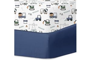 Little Grape Land Crib Sheets for Boys and Girls, 2pk Baby Crib Fitted Sheet for Standard Size Crib and Toddler Mattress, Super Soft Baby Sheet (Navy Trucks)