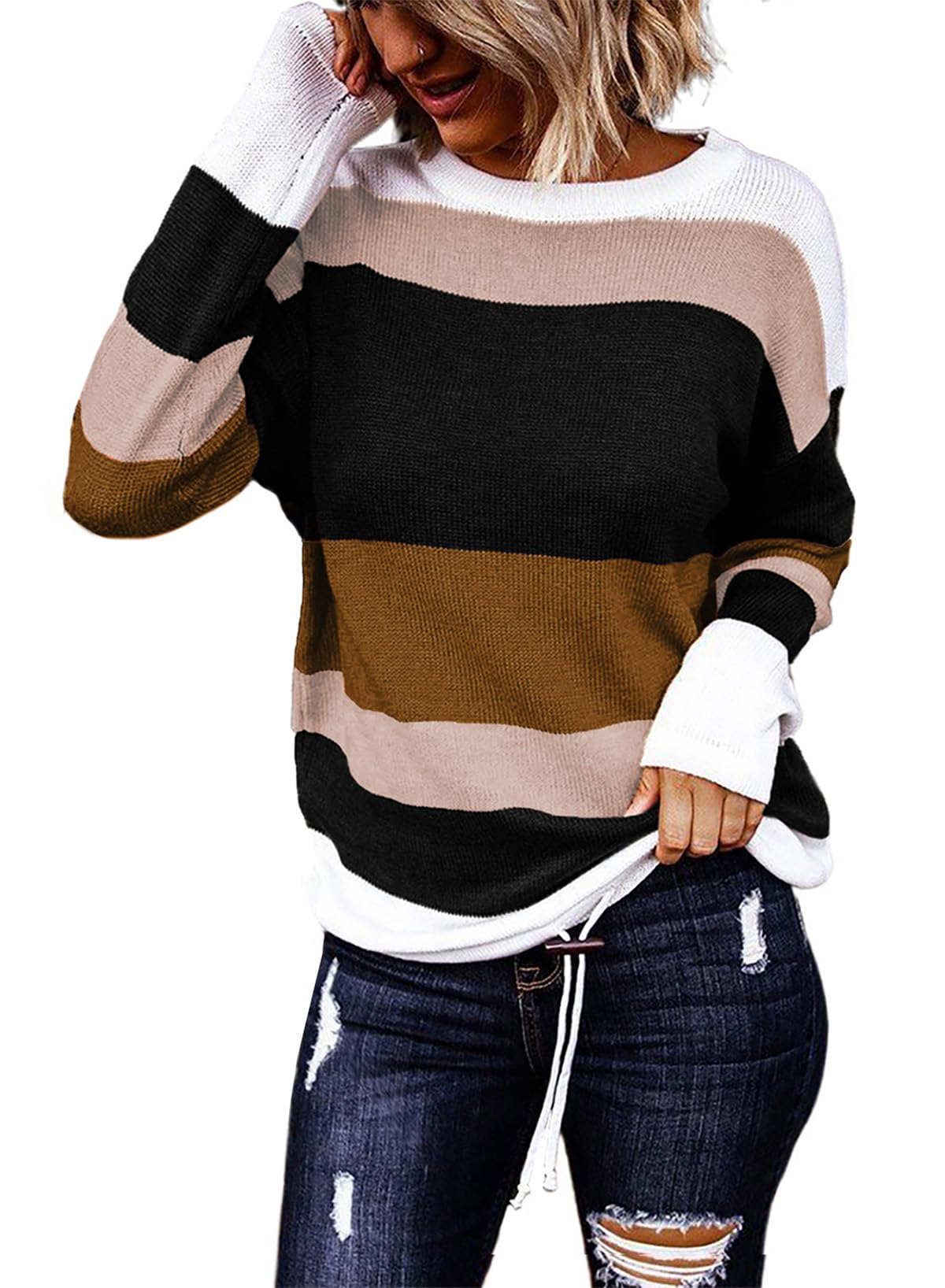 Dokotoo Women's Sweaters Crew Neck Long Sleeve Trendy Fall 2025 Women Outfits Casual Sweaters Striped Fashion Clothes Lightweight Cute Pullover Oversized Tops Brown Image