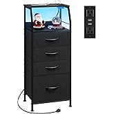 WLIVE Night Stand with Charger Station, LED Nightstand with 4 Fabric Drawers and Storage Shelf, Tall Dresser for Bedroom, 37.48" H Bedside Table with 3 USB Ports and Outlets, Black