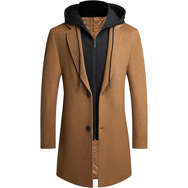 PRIJOUHE Men's Wool Coat Hoodie Long Trench Coat Cotton Casual