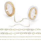Pandahall 2 Rolls 14K Gold Plated Heart Link Chains Small Link Cable Chains 5 Yards Brass Gold Jewelry Chains for Permanent Jewelry Making Bracelet Necklace