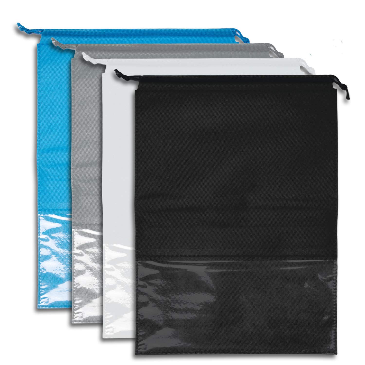 12PCS Travel Shoe Bag,Large Drawstring Shoes Storage Bags Pouch Organizer with Transparent Window (Black,Blue,Grey,White)
