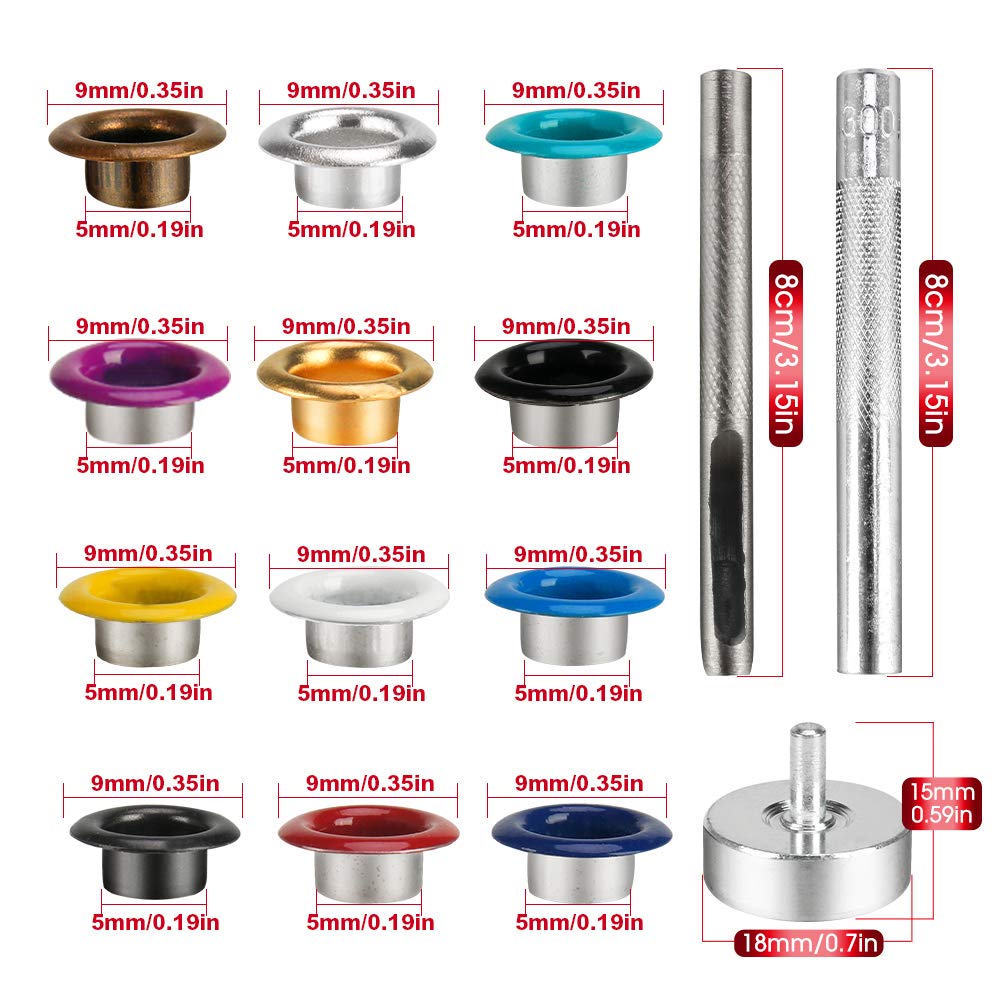 Metal Eyelets, 600Pcs 12 Colors 3/16 inch Metal Grommets Kit, Multi-Color Grommets Kit, Metal Eyelets Set with 3 Pieces Installation Tool and Storage Box for DIY Shoes Clothes Crafts Bag