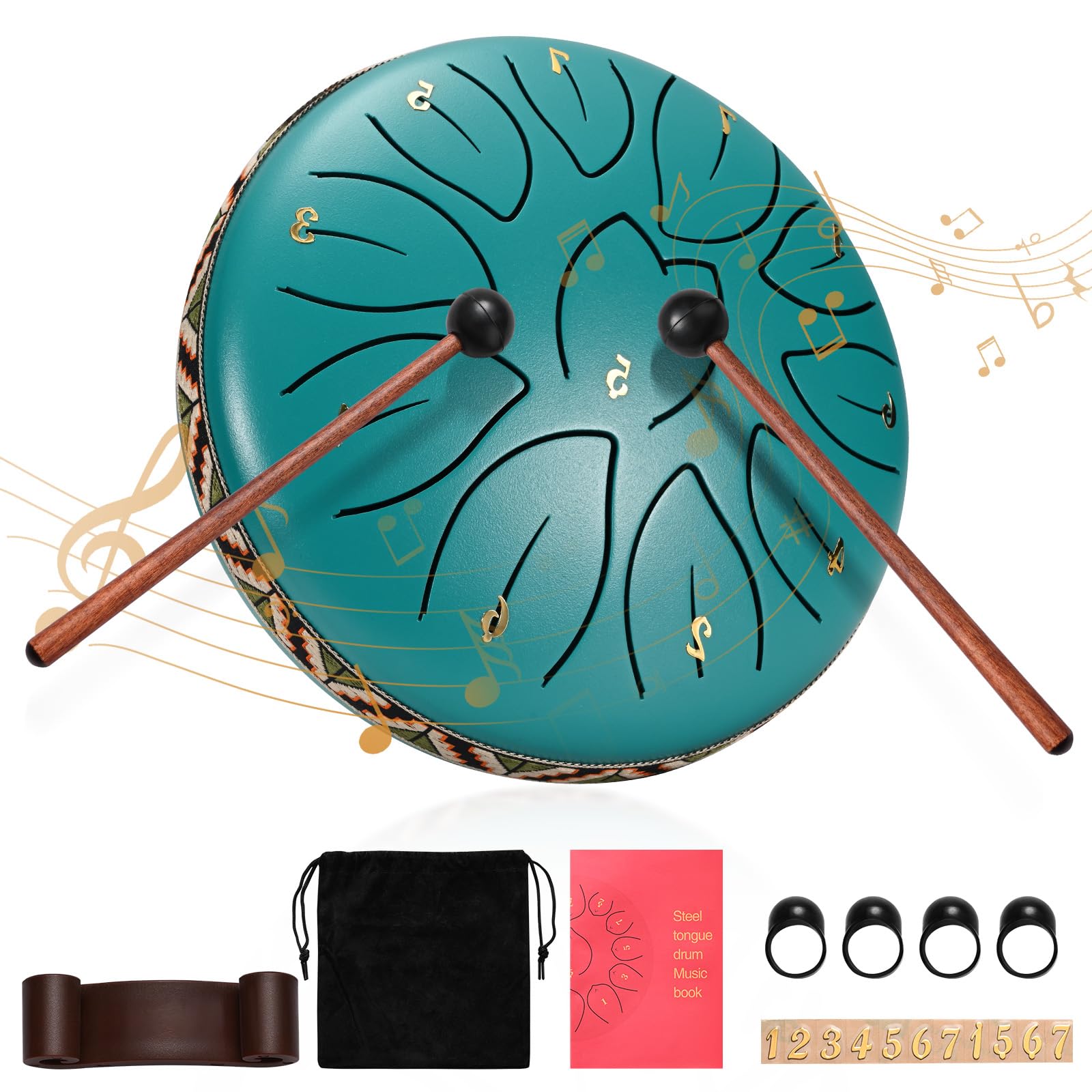 Rain Drum for Outside Garden,Couleeur 6 Inch 11 Notes Steel Tongue Drum Instrument Steel Drum Set with Drumsticks,Drumstick Stand Meditation Yoga Musical Education, Best Gift for Kids(Lake Blue)