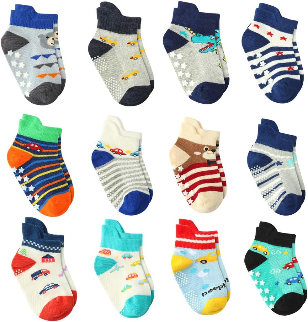 12 Pairs Baby Boy Socks Non Skid with Grips, Toddler Boy Anti skid Socks