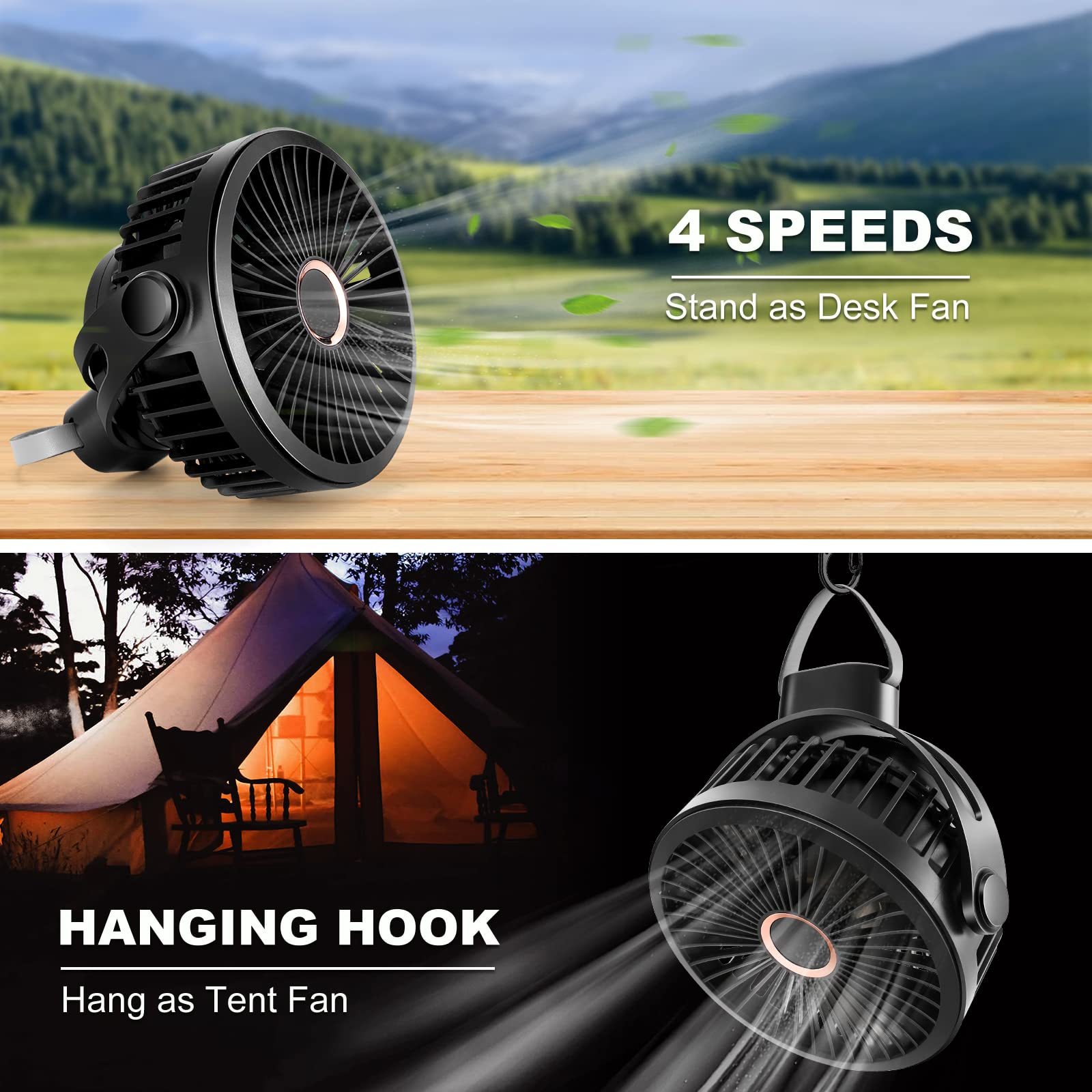 Odoland 2 Packs 10000mAh Camping Rechargeable Fan with Hanging Hook Carabiner, Portable Battery Operated Tent Fan, Quiet Strong Airflow, Outdoor USB Desk Fan for Picnic Travel Barbecue Fishing