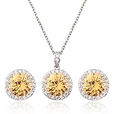 Bridal Crystal Jewelry Set - Sterling Silver Round Cubic Zirconia CZ Rhinestone Halo Birthstone Pendant Necklace Stud Earrings Set for Wedding Bride Bridesmaids Birthday Gift