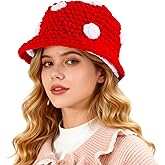 Crochet Mushroom Hat,Red with White Polka Dots Funny Knit Bucket Winter Hat for Women, Mushroom Gifts for Women