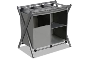 Heybly Luggage Rack with Laundry Bag,Steel Folding Suitcase Stand for Bedroom, Hotel, Foldable Steel Frame, Guest Room Bedroom Hote, 23.62" L x 15.57" W x 24.21" H, Gray,HLR006G1