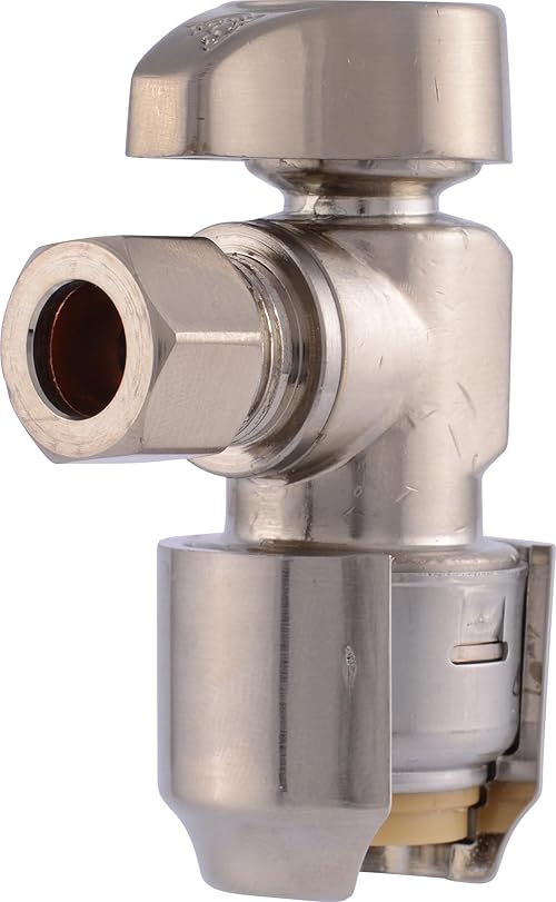 SharkBite Max 1/2 x 3/8 Inch Compression Angle Stop Valve, Quarter Turn, Push to Connect Brass Plumbing Fitting, Brushed Nickel Finish, PEX Pipe, Copper, CPVC, PE-RT, HDPE, UR23036BN